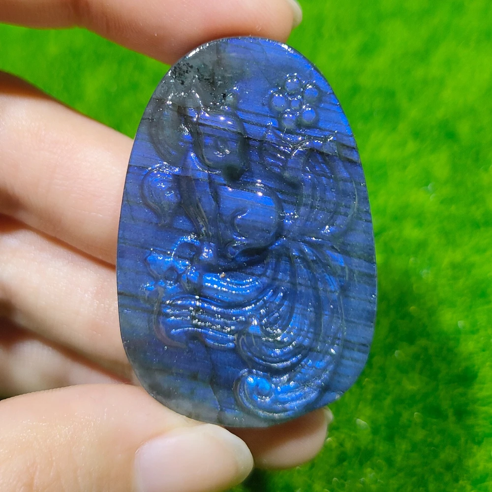 Natural Labradorite Oval Nine-Tailed Fox Carving Ideal Holiday Gift Room Decor and Office Gift for Nature Lovers