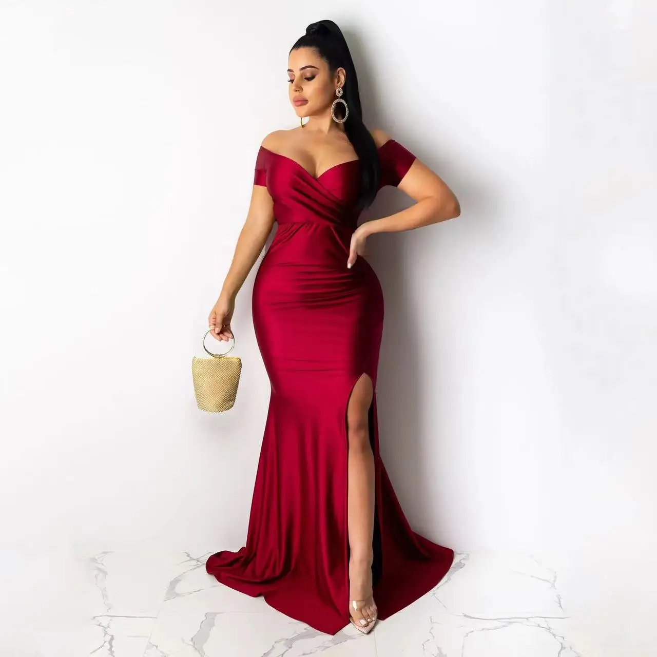 

Romantic Elegant Red V-Neck Off The Shoulder Mermaid Satin Prom Dresse Sexy High Slit Evening Party Gown For Women