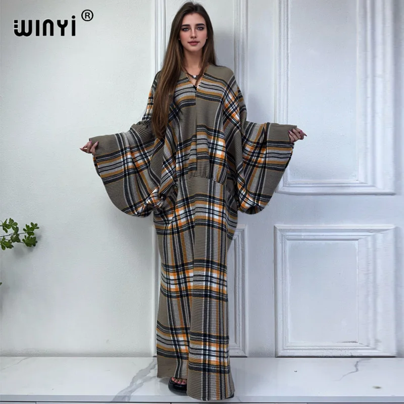 WINYI 2024 Plaid print pleated edge deep V sexy maxi long dress Women batwing Sleeve holiday elegant evening dress fashion robes