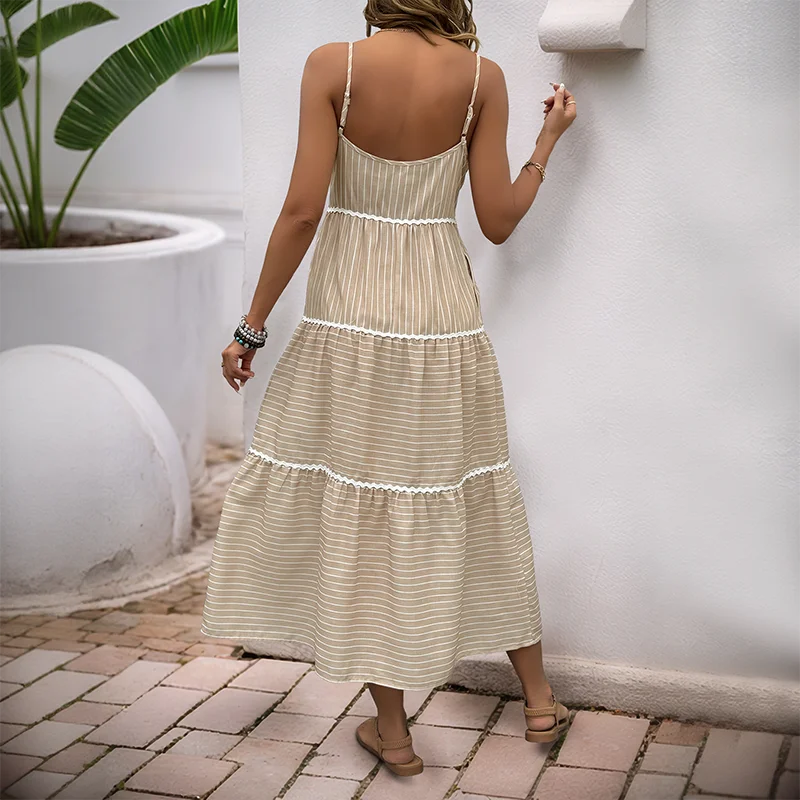 Benuynffy Gestreiftes vorderes Knopf-lässiges Cami-Kleid mit V-Ausschnitt, Damenmode, Urlaub, lockere große Schaukel, lange Kleider, Sommer 2025, Neu