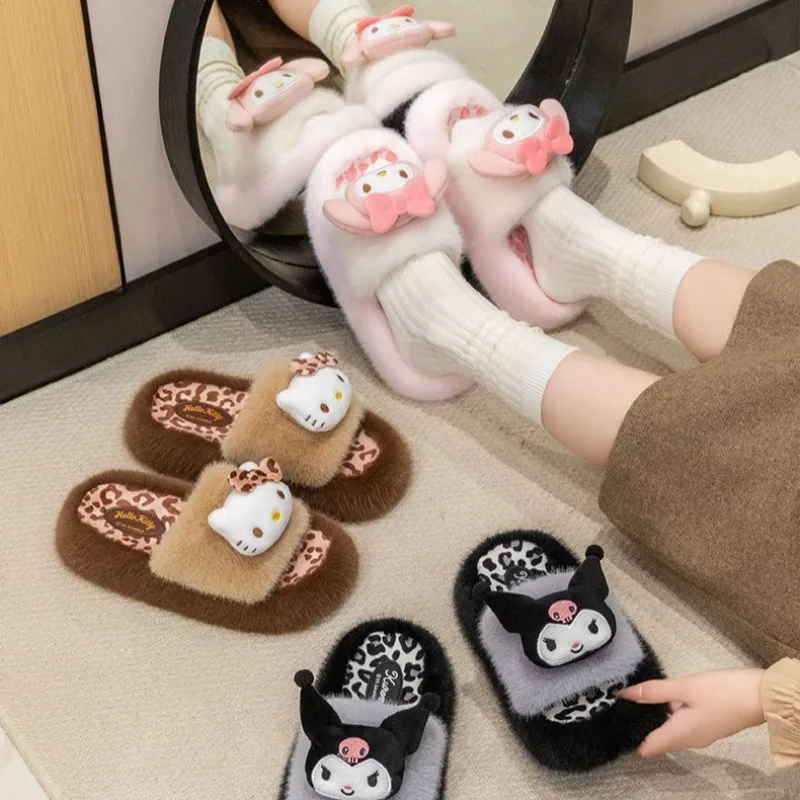 

Sanrio Hello Kitty Slippers Comfortable Cartoon Sweat Soft Flat Shoes Women's Light Slippers Kuromi Anime Non-slip Cotton Shoes