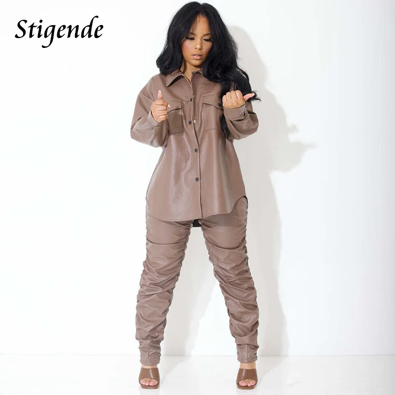 

Stigende Women Faux Leather Two Piece Set Single Breasted Turn Down Collar Shirts and Stacked Pants Outfit