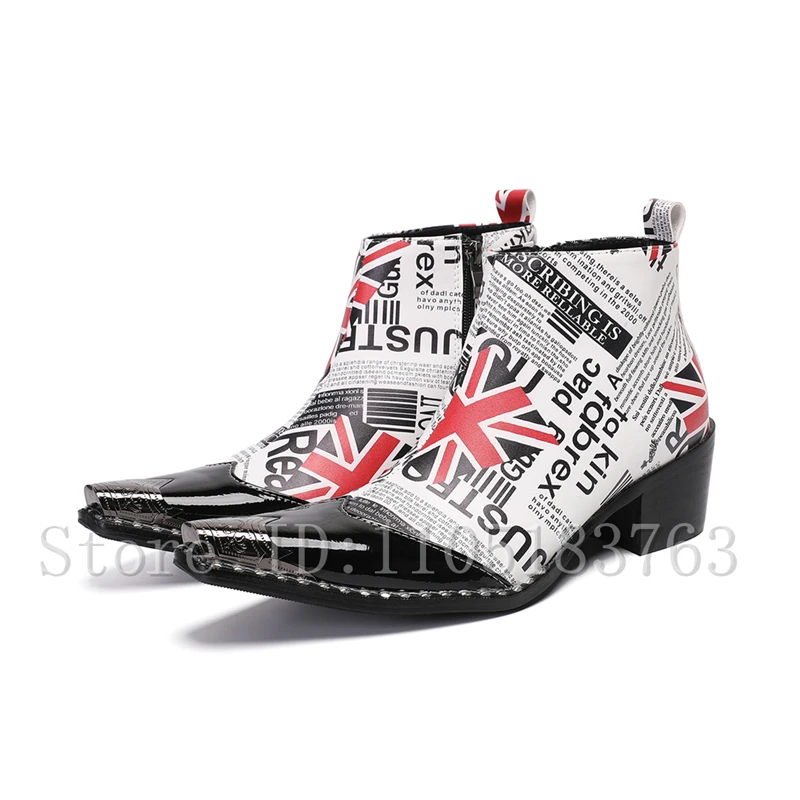 Men's Unique Newspaper Print Chelsea Boots Genuine Leather Pointed Toe Chunky Heel Side Zipper Short Boot for Streetwear Party