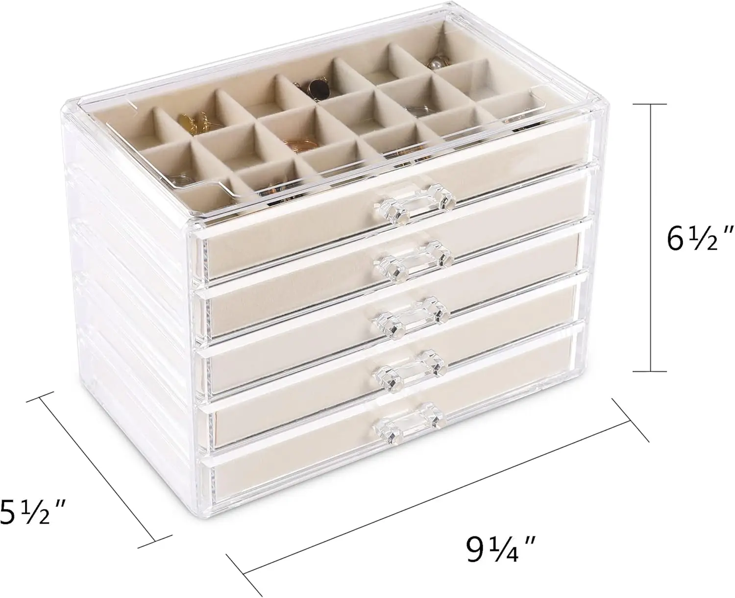 صندوق منظم مجوهرات أكريليك مع 5 أدراج منظم حامل أقراط مع صواني مخملية مجوهرات شفافة #2