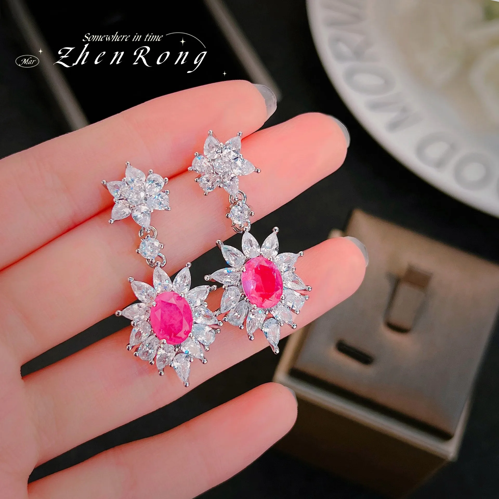 

Luxury Elegant Rose Red Cubic Zirconia Earrings For Women Chic Ear Accessories Dance Party Girls Earring Fancy Gifts Jewelry