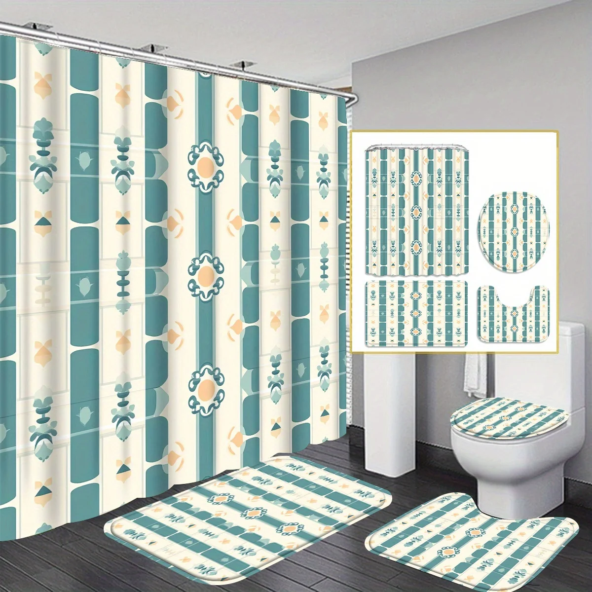 

4pcs Cartoon Characters Shower Curtain Collection - 12 Hook Shower Curtain with Rug, Toilet Mat and U-Mat - Complet