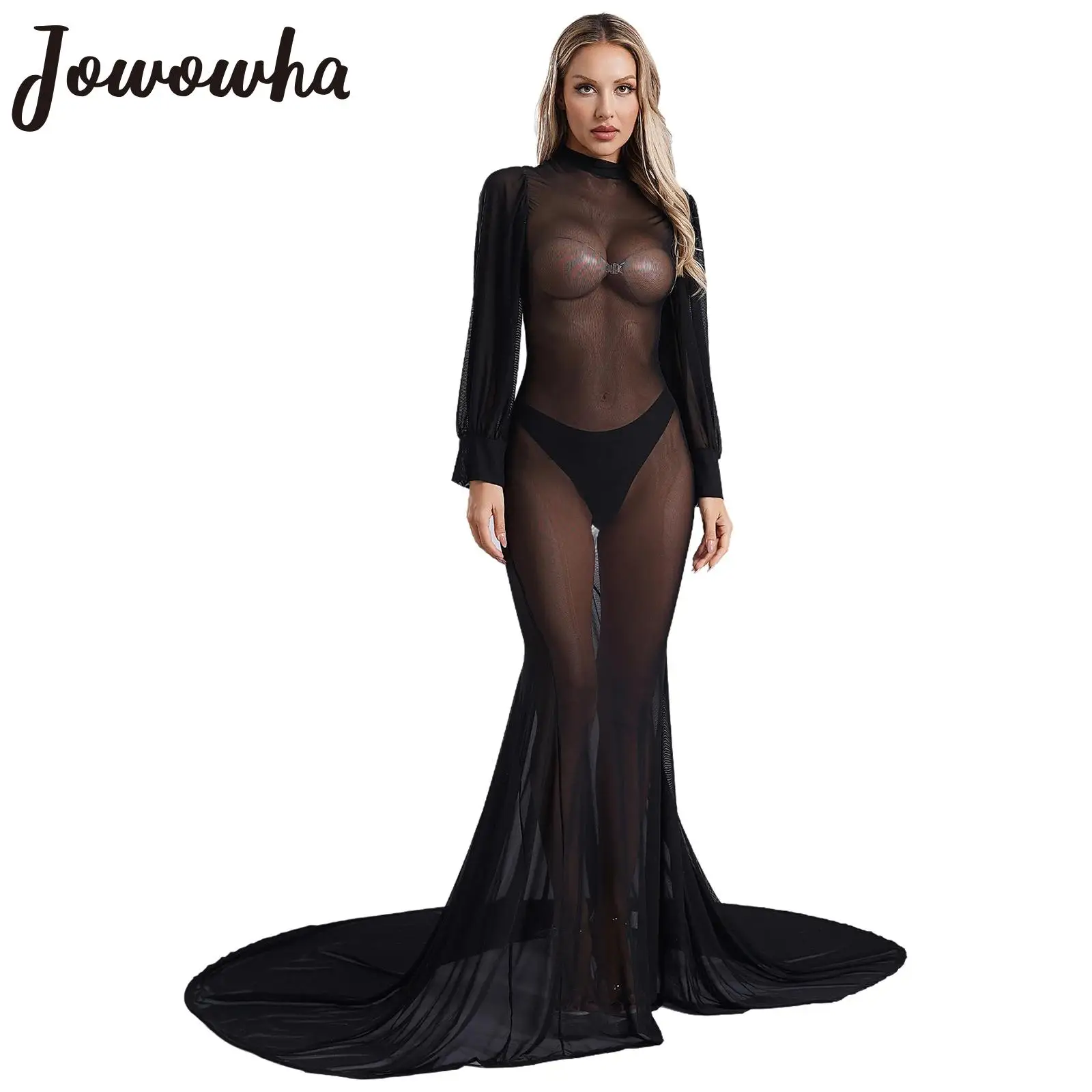 

Womens See Through Mesh Maxi Dress High Collar Long Sleeve Court Train Sheer Cover-up Dress for Photography Nightwear Clubwear