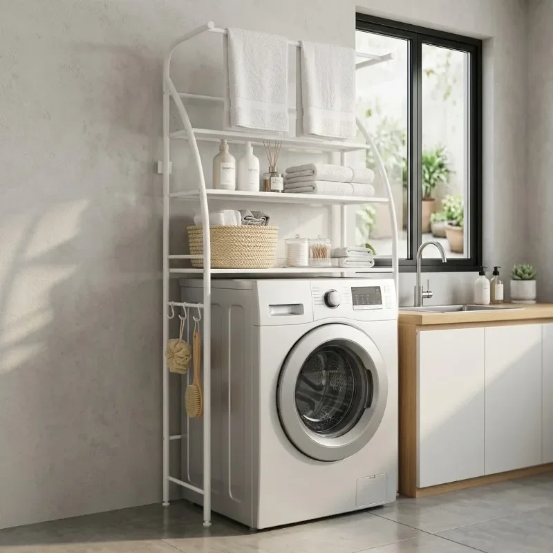 3 Tier Front Load Washer Shelf Over The Toilet Storage Rack Towel Bar Washbasin Organizer Bathroom Space Saver White No Drilling