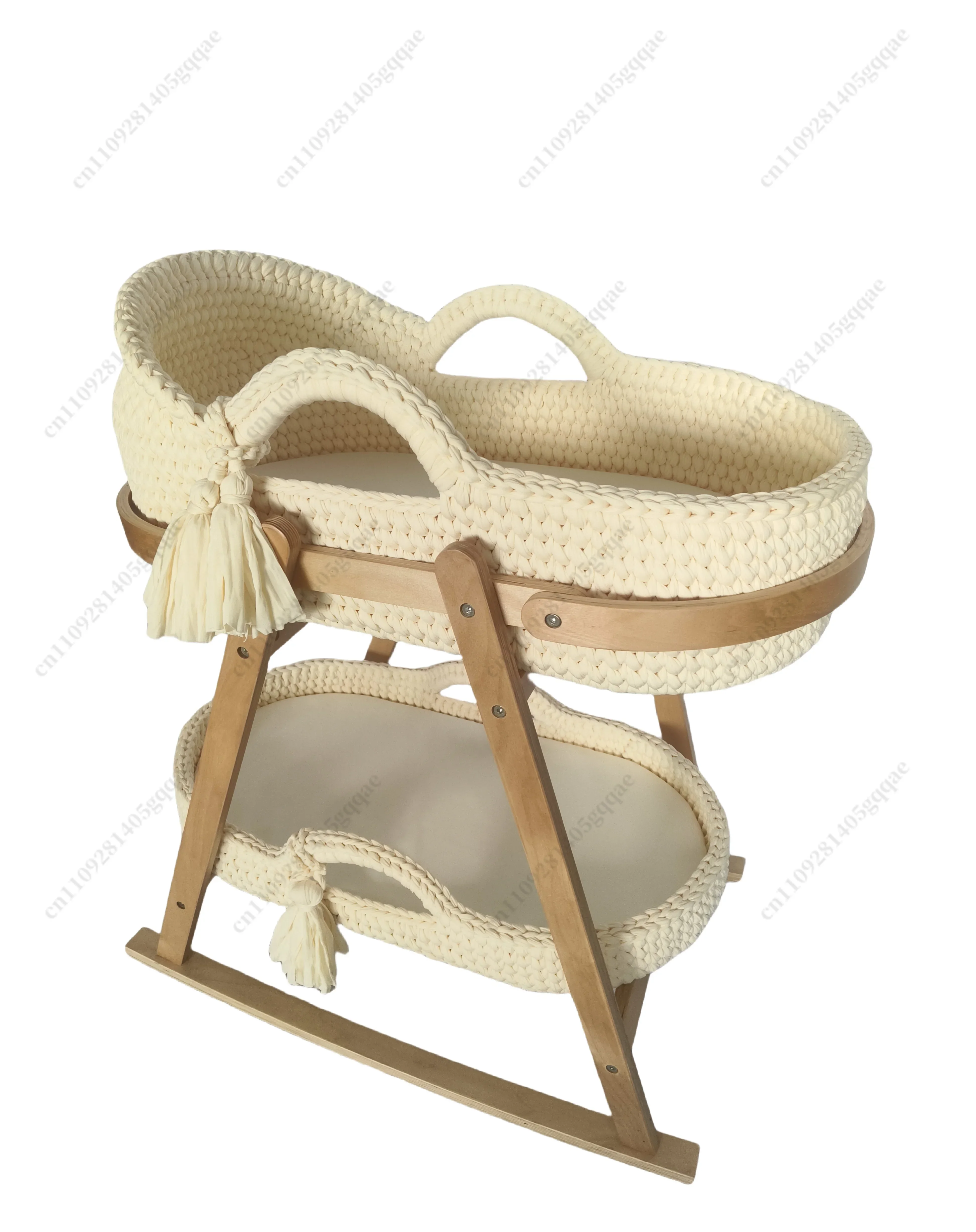 Baby Cradle Handwoven Beige Crochet Bassinet Portable Moses Basket Newborn Lounger with Wooden Stand and Soft Mattress