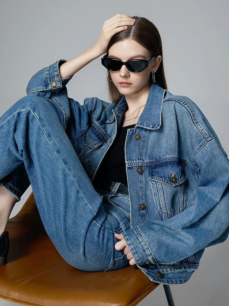 

Свободная женская джинсовая куртка ort Sle, весенне-осенняя хлопковая длинная застежка на пуговицах, однотонная повседневная модная куртка