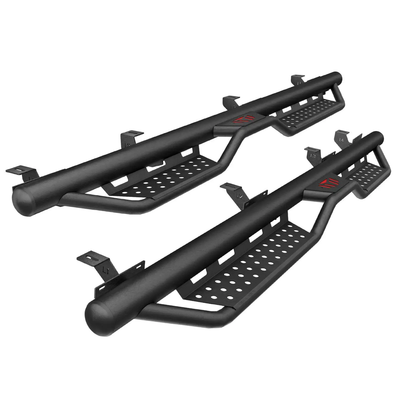 

Reinforced Grip Running Boards Black Red Carbon Steel Two Stairs Side Steps for 2020-2025 4 Door Cars