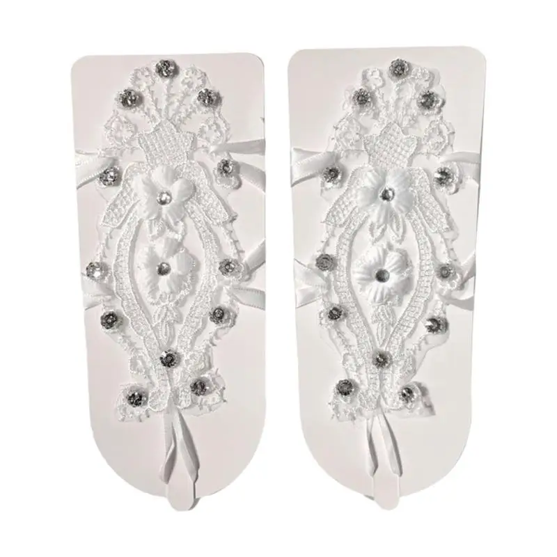 A52E Formal Bridal Wrist Gloves for Ceremony Photgraphy, White Fingerless Lace Wedding Accessories with Floral Detail and Rings