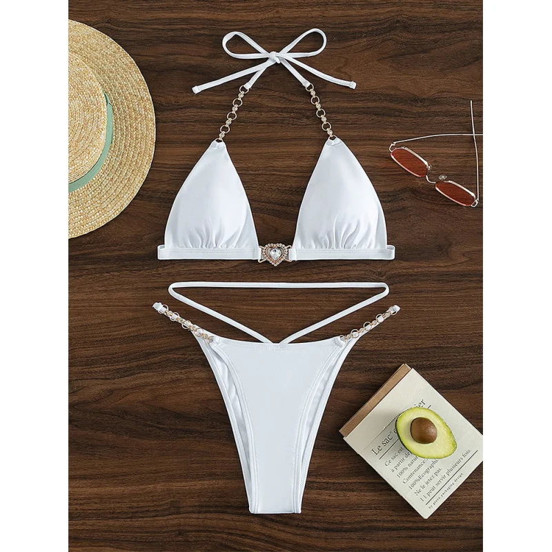 2024New Crystal Chain Split Swimsuit Women's Lace-up Low Waist Briefs Bikini