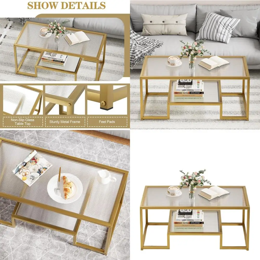 

Modern Rectangular 2-Tier Glass Coffee Table with Ribbed Top and Metal Frame for Living Room and Home Office