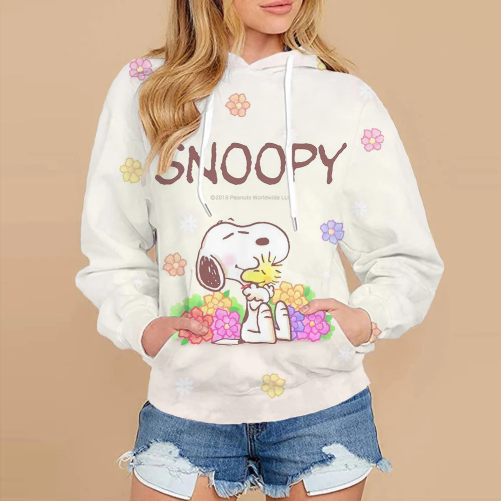 Snoopy Kawaii Cartoon Print Hoodie for Women Soft Casual Loose Sportwear Female Sweatshirt Warm Fleece Ladies Clothes 2024