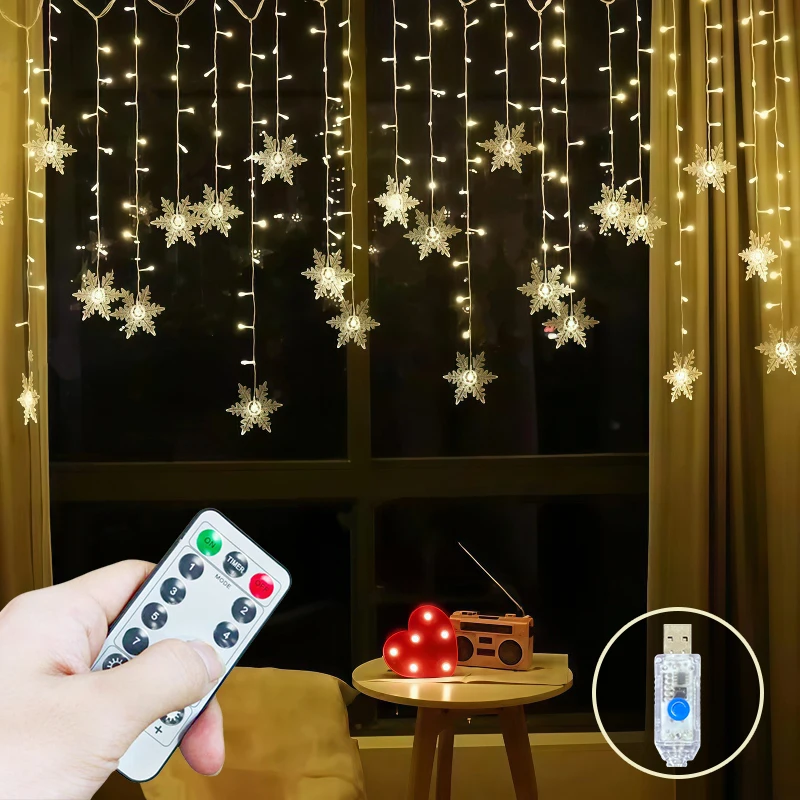 USB Snowflake Fairy String Lights Warm White White Colorful LED with Remote 8 Modes for Bedroom Wall Christmas Decor