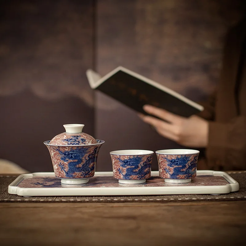 Crackled Horseshoe‑Shape Gaiwan,Underglaze Red Sea‑Dragon Old Clay Teacup Set Home Chinese Tea Brewing Teaware