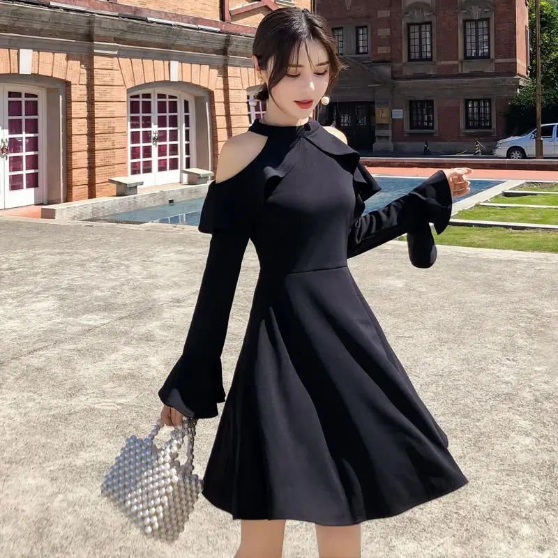 Woman Long Sleeve Dress Black Ruffle Coquette Sexy Dresses for Women Holiday Off Shoulder Korean Fashion on Sale Clearance 2025