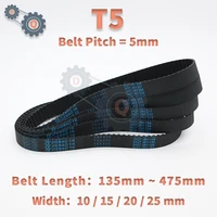 Correa de distribución T5, longitud de 135mm a 475mm, paso T5, 5mm de ancho de correa, 10 15 20 25mm, correas síncronas para correa de bucle cerrado de goma CNC T5