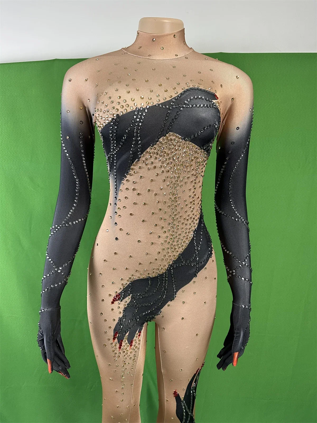 Black Hand Pattern Tight Stretch Jumpsuit Role-Playing Long Sleeve Women Bodysuit Halloween Performance Drag Queen Costume 2024