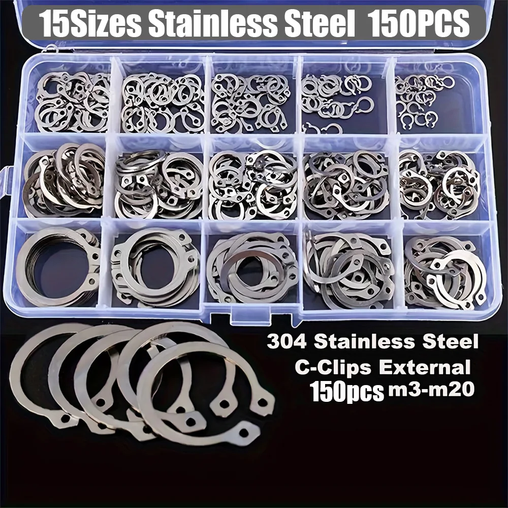 150-piece set of 15 sizes of C-clamp external retaining ring kit, 304 stainless steel coil shaft sorting kit, M3-M20 set.