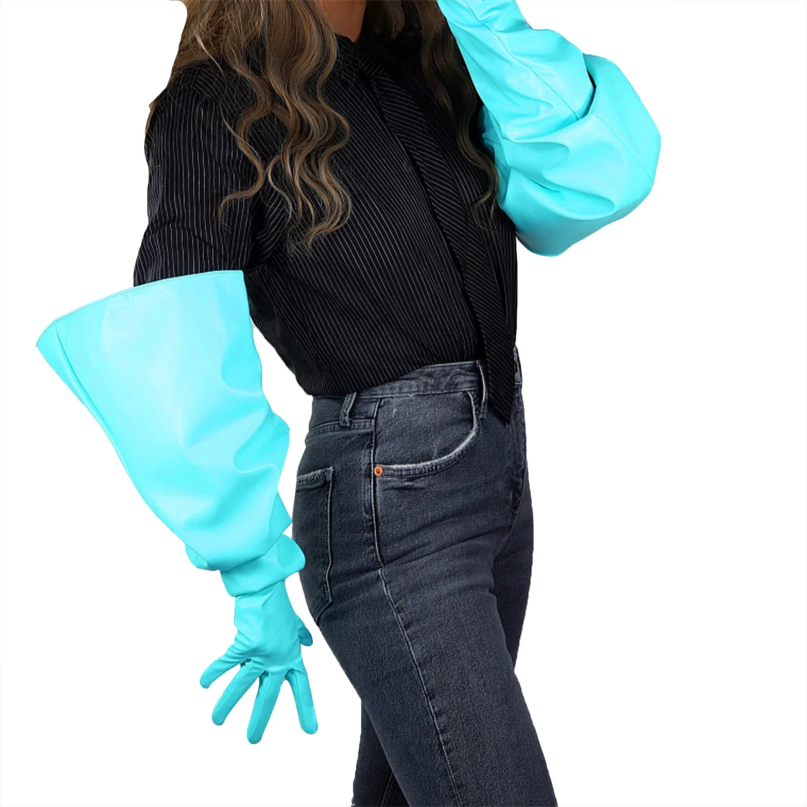 DooWay Unisex Mint Green Puff GLOVES 70cm Long Large Sleeves Big Faux Leather Aqua Blue Christmas Dressing Fashion Evening Glove