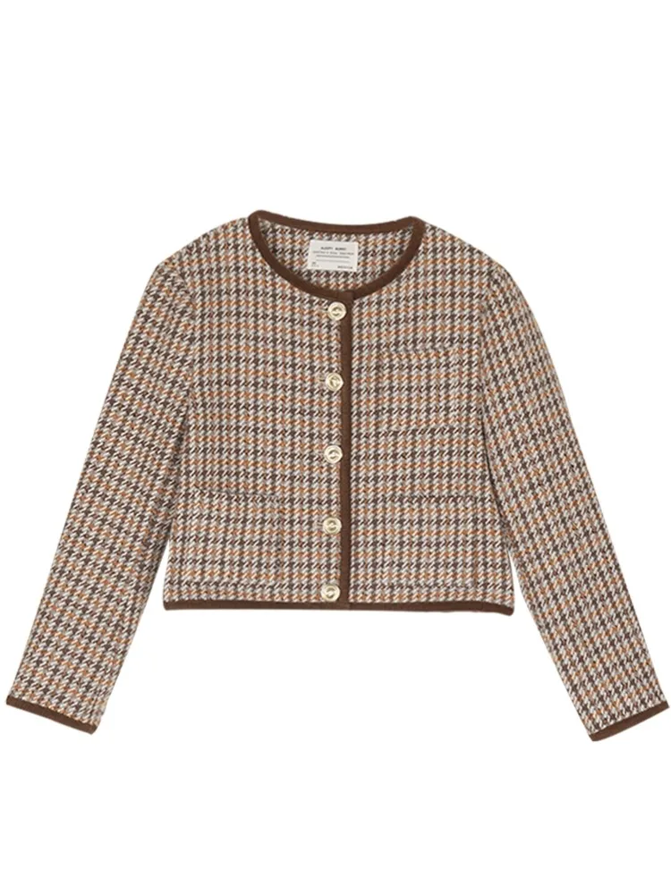Jaket Pendek Kotak-kotak Elegan Antik Pakaian Luar Wol Musim Dingin Wanita Mantel Leher Bulat Houndstooth Mantel Chic Hangat Retro Kasual Wanita