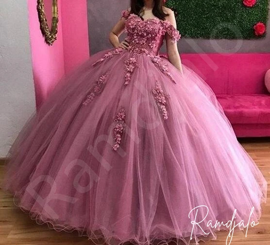 Vestido de baile de princesa para quinceañera, traje con hombros descubiertos, lavanda dulce 16, Rosa 3D, flores florales, para cumpleaños, 2024