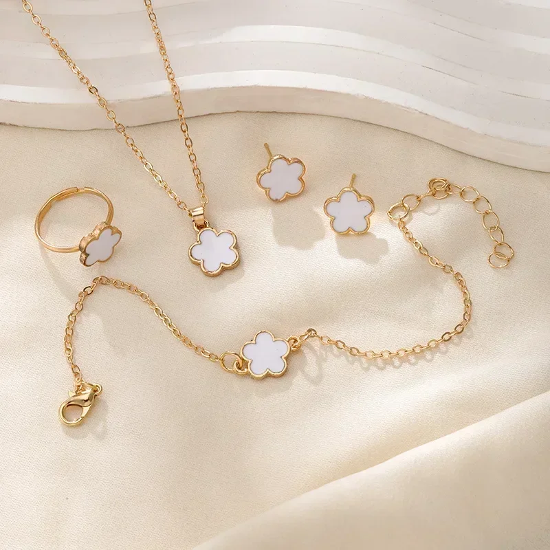 New Lucky Five-petal Flower Five-leaf Clover Earrings Necklace Four-piece Set for Woman Fashion Accessories Party Jewelry Gifts