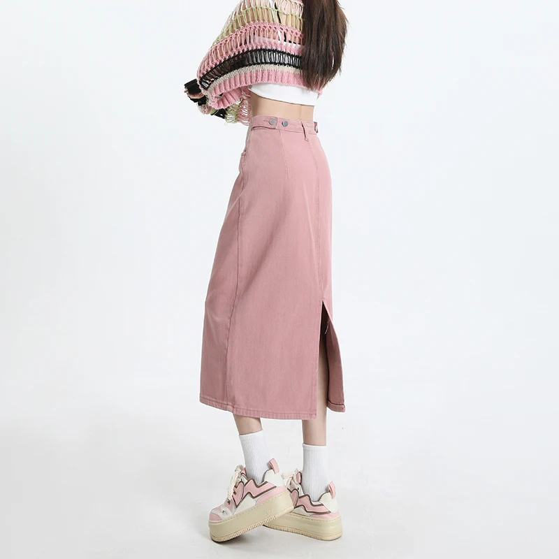 تنانير طويلة من الجينز باللون الوردي العتيق من FINEWORDS تنانير متوسطة مستقيمة عالية الخصر غير رسمية ملابس صيفية تنانير هاراجوكو جينز منقسم