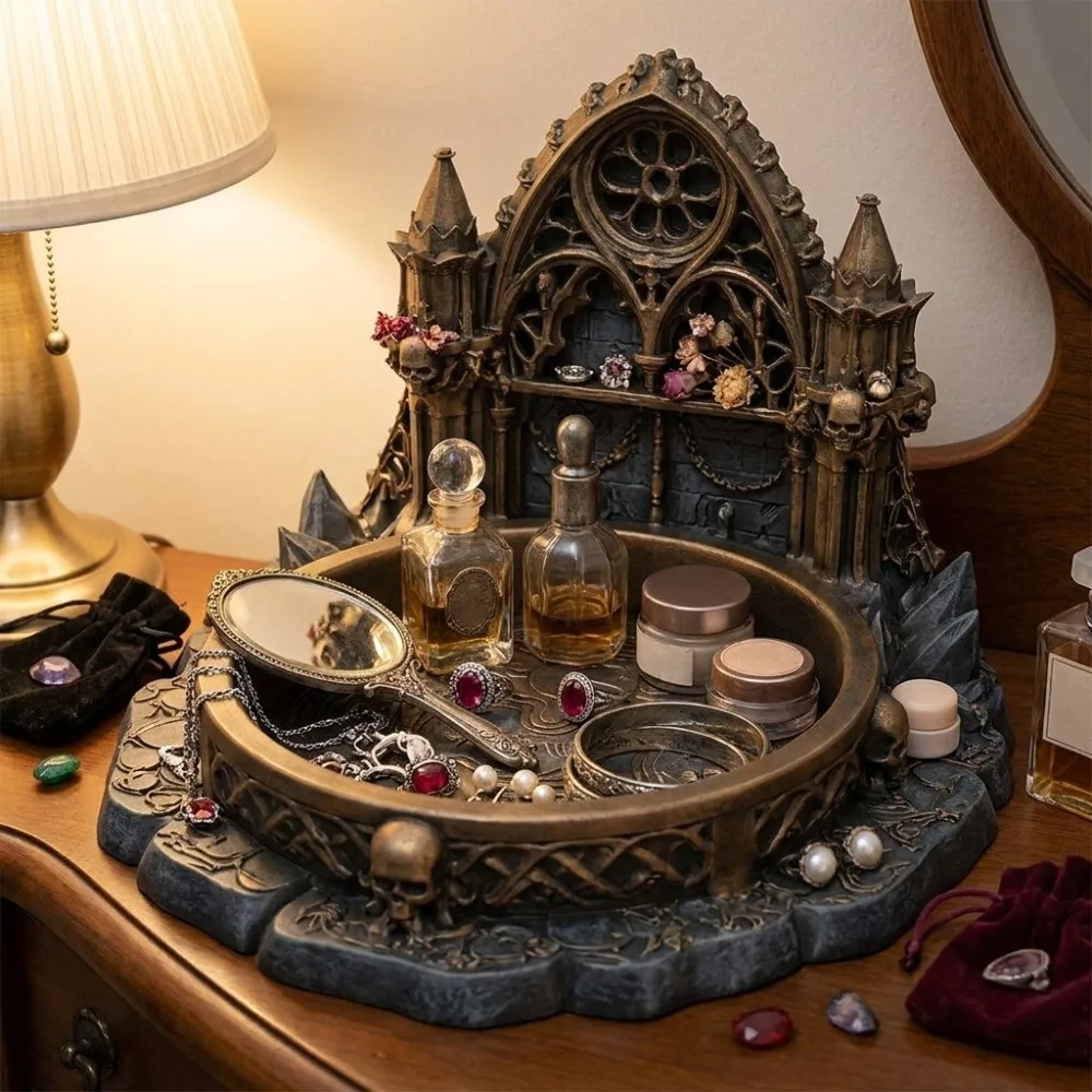 3D Printed Jewelry Storage Tray Black Retro Castle Jewelry Stand Unique Creative Gothic Style Decorative Tray Table Decorations