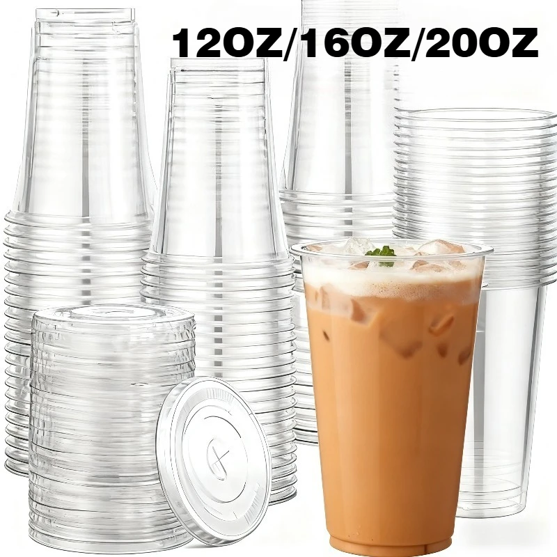 

50PCS Disposable Transparent Plastic Cups With Lid Cold Drink Coffee Party Daily Life Camping Picnic Household Plastic Cups
