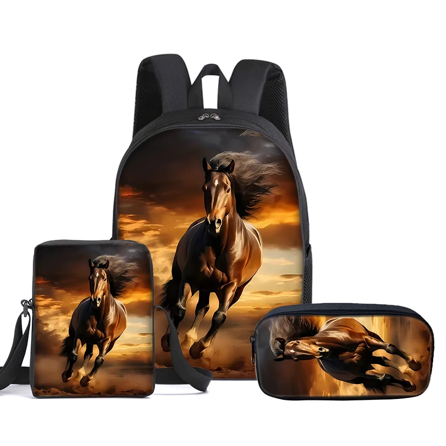 Horse 3Pcs/Set With Messenger Bags ,Pencil Bag,School Bag For Boy/Girls Best Gift 2D Flat Cartoon Student School Bags