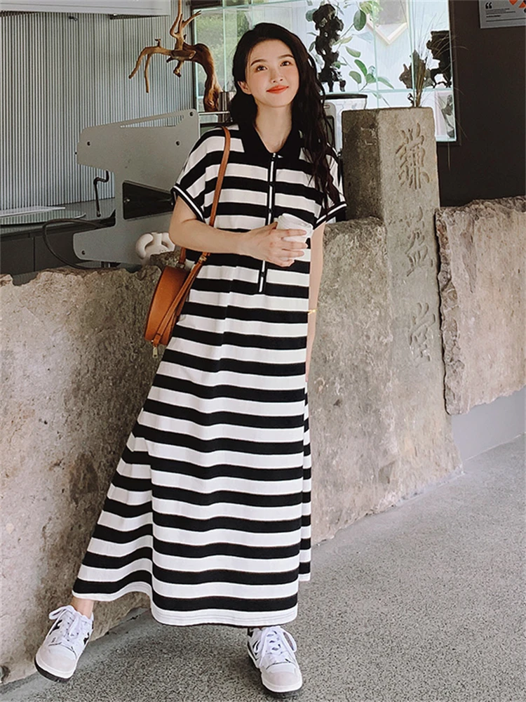 

Black White Striped Dress for Women 2022 Summer Polo Collar Short Sleeve Large Size Casual Loose French Style Long Dresses 2261