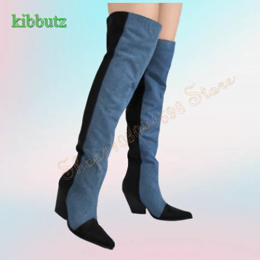 Jeans leder Overknee-Stiefel, Damen spitze Zehen dicke Absatz Stiefel Party Fersen Stiefel plus Größe 2024 neue Zapatos Para Mujere