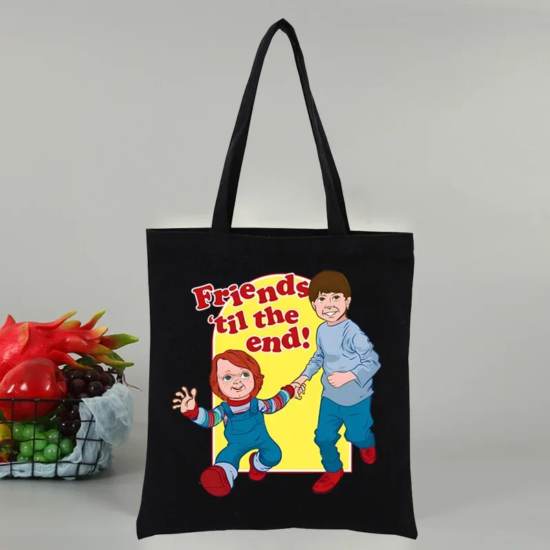 Chucky-Sac à provisions en toile pour femme, sacs fourre-tout, sac à provisions, noir, gril, sac à main, respectueux de la cuillère à soupe, film