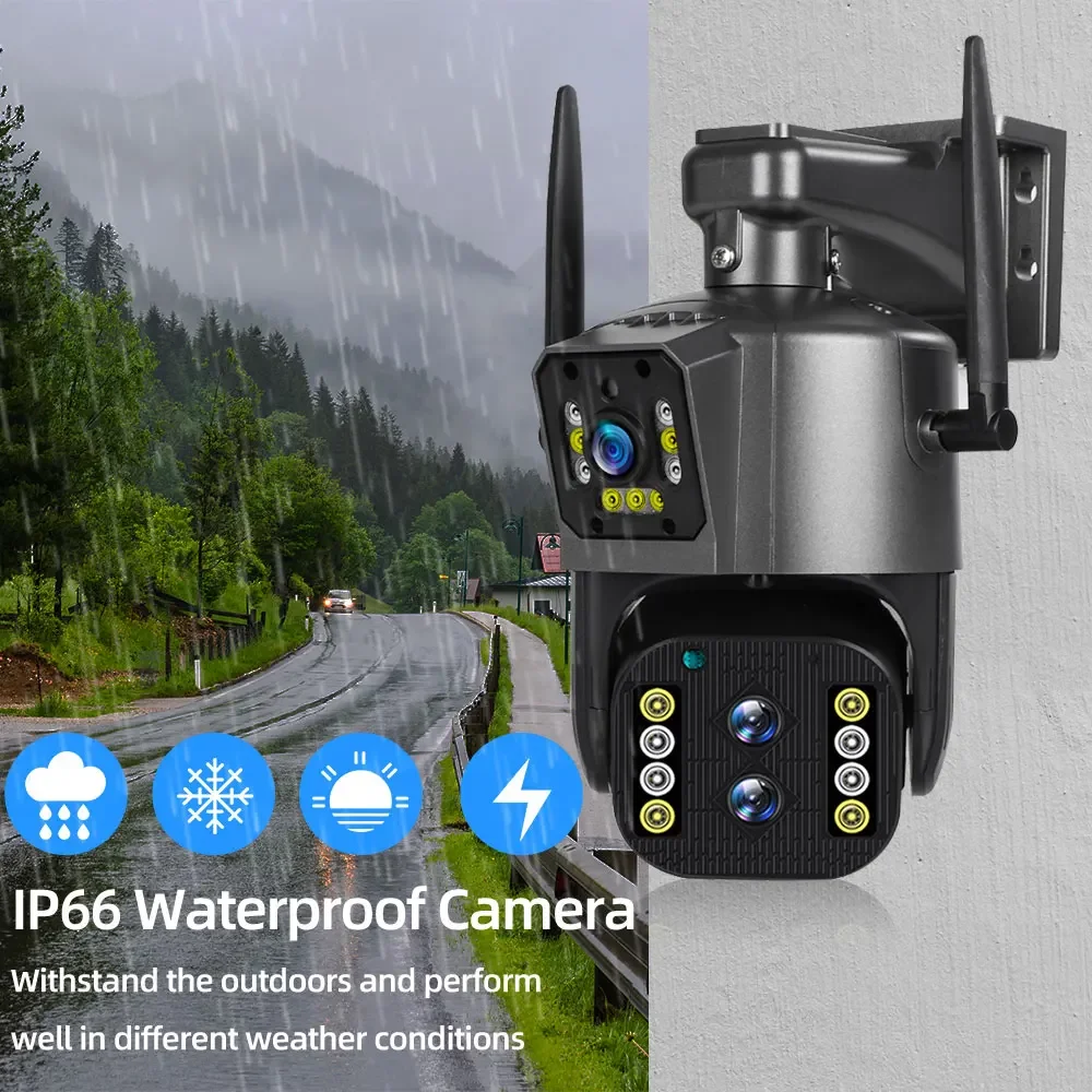 Color 8MP 4K IP Camera Outdoor WiFi PTZ Three Lens Dual Screens 10X Optical Zoom Auto Tracking Waterproof Security CCTV IP Cam