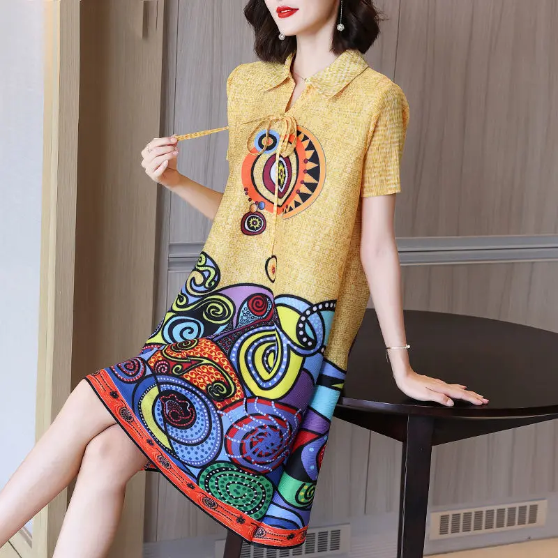 

Dress ocean printing age-friendly thin cover belly short-sleeved A word skirt large size women's fashion print summer dress new