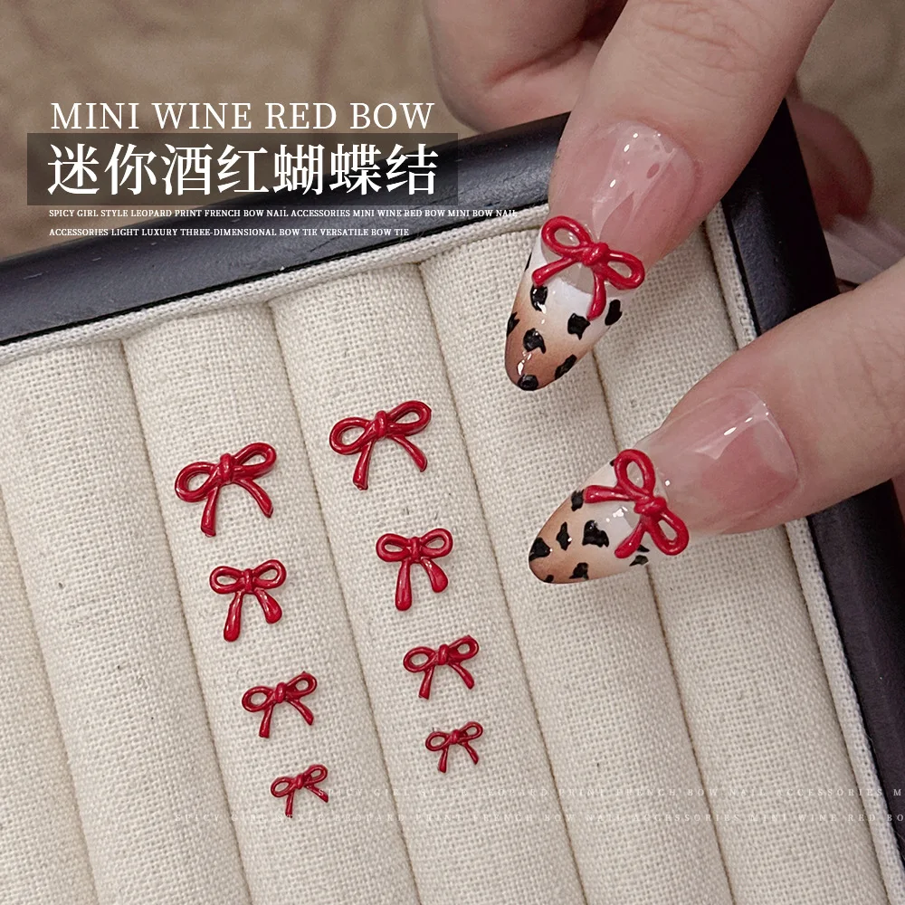 

10pcs Wine Red Resin Bow Nail Charm Bulk Mix Size 3D Ribbon Bowkont Mini Kawaii Nail Art Accessories DIY Cute Nails Decorations