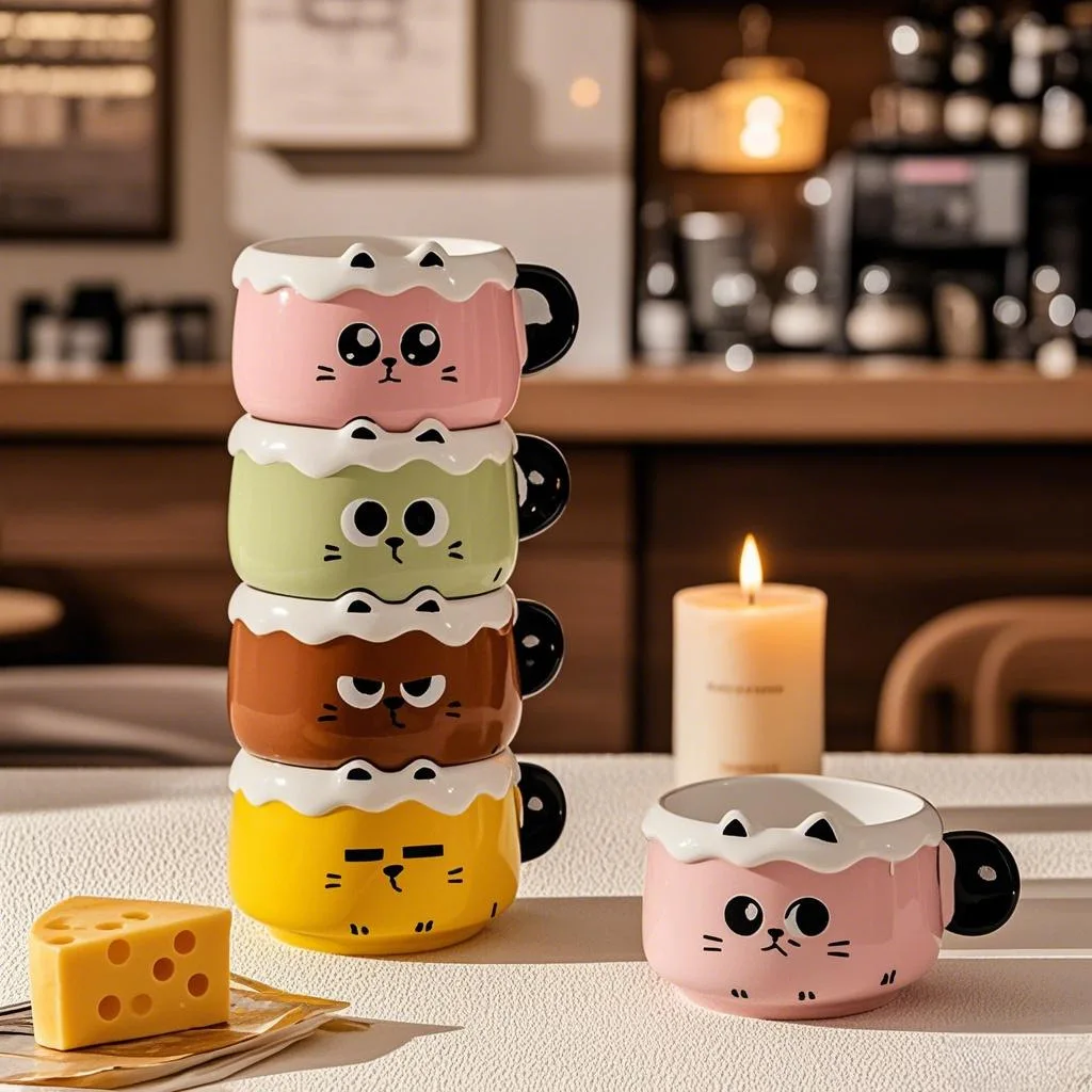 

Creative Cute Emoji Ceramic Mug - Kids' Cartoon Drinking Cup, Stackable Breakfast & Coffee Mug for Couples