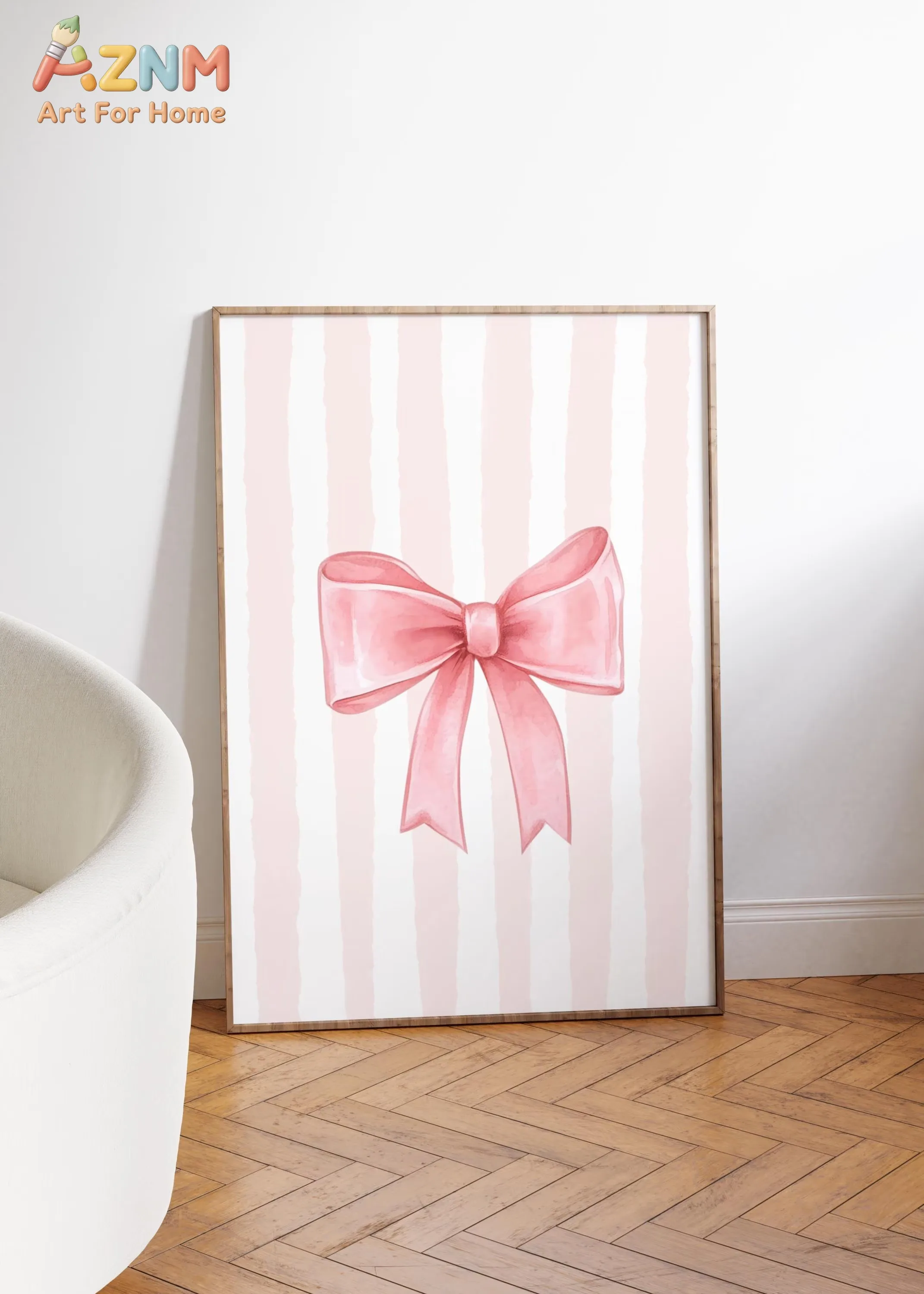 AZNM Watercolor Pink Bow Pink White Striped Canvas Wall Art 2D Flat Frameless Print Coquette Girl Nursery Bedroom Aesthetic Deco