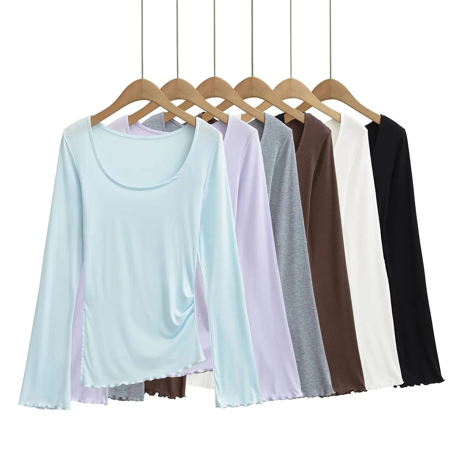 Ultra-soft stretchy Lyocell slim-fit ruched base shirt for women with square neckline waist-cinching long-sleeved T-shirt 116L