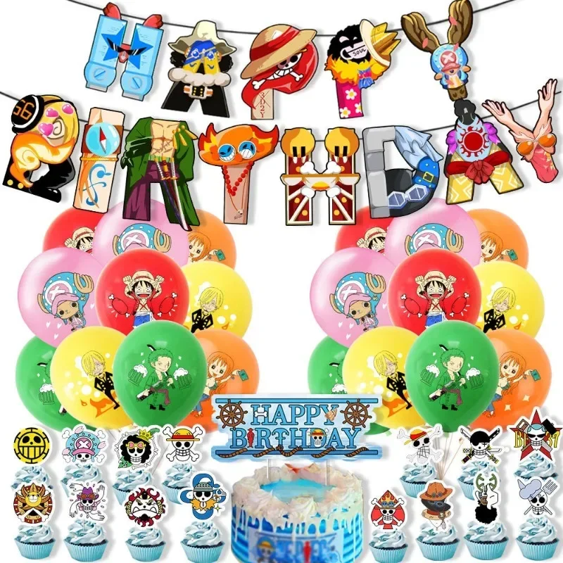 Decoraciones de fiesta de una pieza, figura de dibujos animados de Anime, globo de Luffy Zoro, recuerdos de fiesta de cumpleaños, cartel de cumpleaños feliz, adorno para pastel