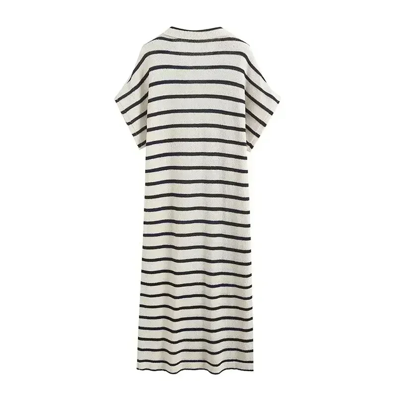 Women's 2023 Chic Fashion Exquisite Two-color Casual Striped Polo Shirt-neck Dress Retro V-neck Women's Dress