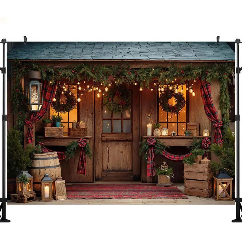 LS Christmas Gifts Shop Backdrop Photography Gingerbread Candy Cane Bakehouse Store Front Background Winter Family Photo view 3