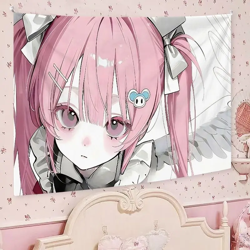 VIKAMA Cute Anime Maiden Makaron Aesthetic Tapestry Soft Cartoon Wall Hanging Bedroom Dorm Home Decor