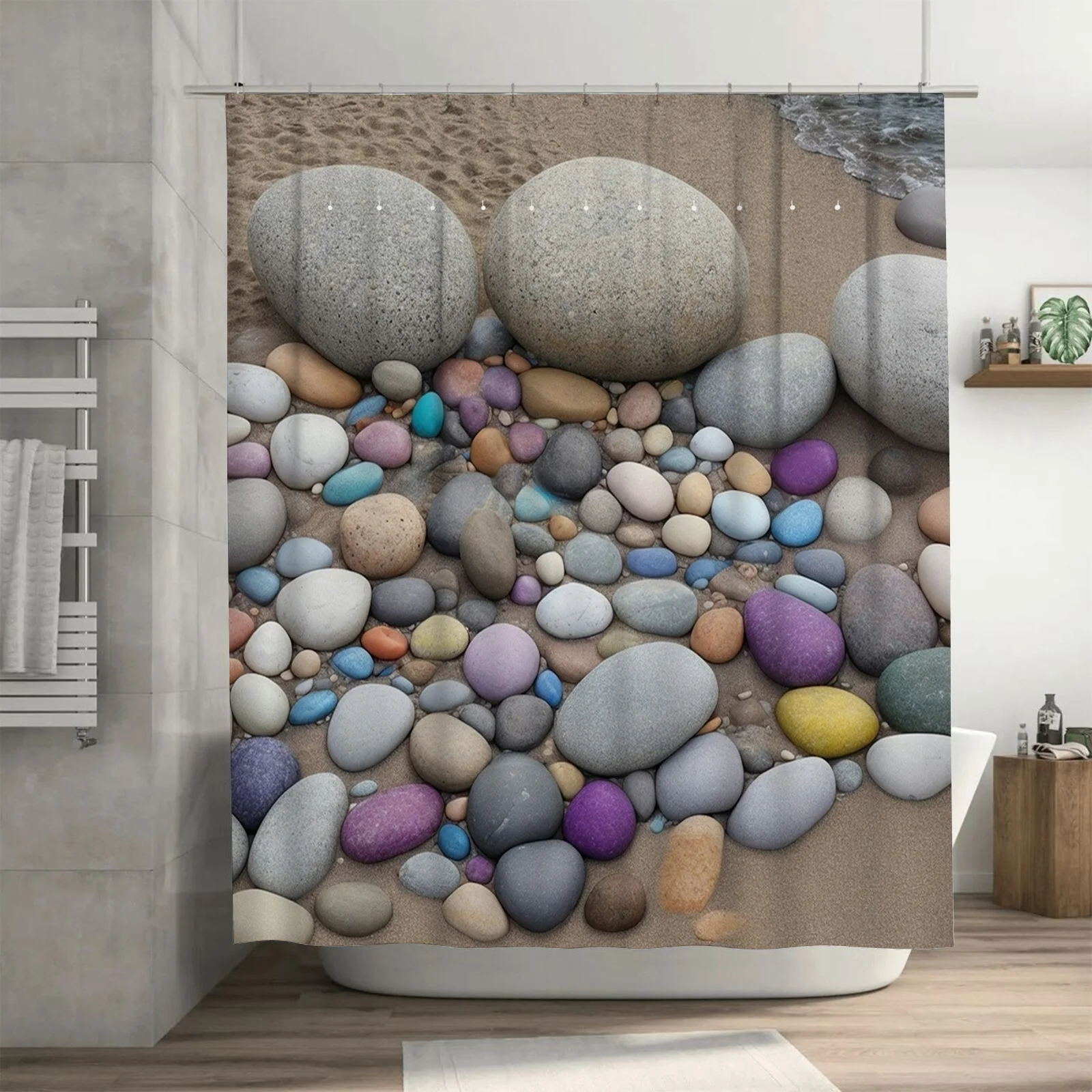 

Beach Pebble Shower Curtain - Vibrant Coastal Stone Art for a Waterproof and Unique Bathroom Décor Set