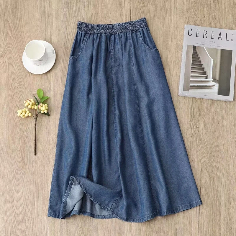 Soft Denim Skirts for Woman Loose Fashion Summer New Waist Elastic A-line Skirt Pocket Design Blue Mid Length Women\'s Skirts