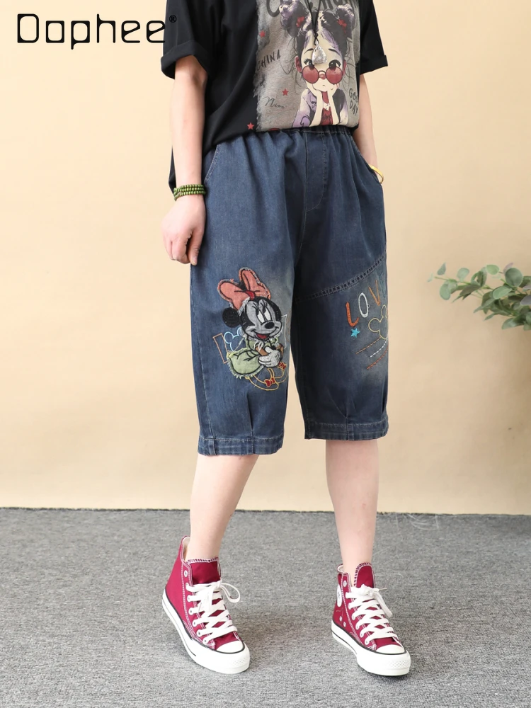 

2025 Summer New Retro Cartoon Embroidered Denim Five-point Pants Women's Loose Straight Popular Five-point Medium Pants