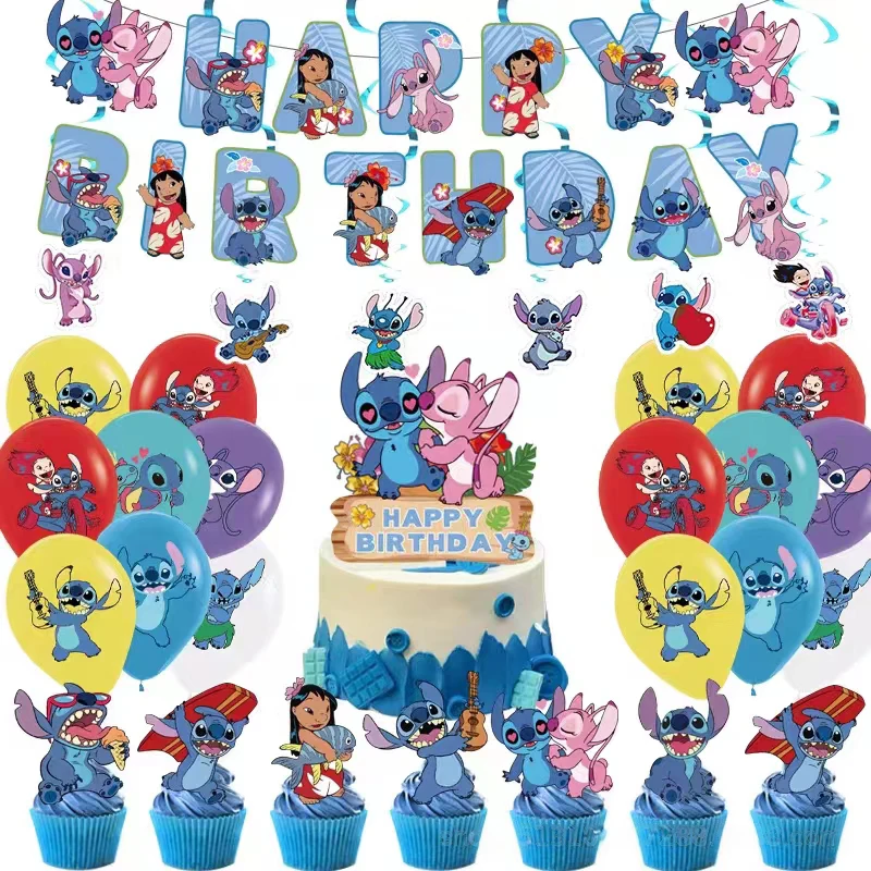 Decoración de fiesta de cumpleaños de Disney Stitch, globos, vajilla, suministros, telón de fondo, vasos de papel, platos, mantel, Pancarta, regalos